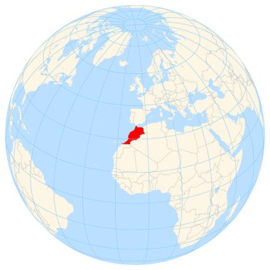 Yer bulucu harita Afrika 'daki Fas' ın yerini gösteriyor. Ülke kırmızı bir çokgenle vurgulanıyor. Küçük ülkeler de kırmızı daire ile işaretlenmiştir. Harita sarı kara bölgelerini, mavi denizi, eyalet sınırlarını ve mavi çizgileri gösteriyor. Hayır la