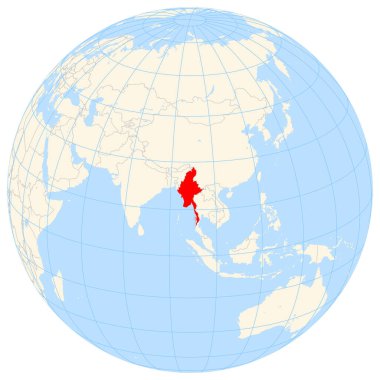 Locator map showing the location of the country Myanmar in Asia. The country is highlighted with a red polygon. Small countries are also marked with a red circle. The map shows yellow land areas, blue sea, state borders and blue grid lines. No labels