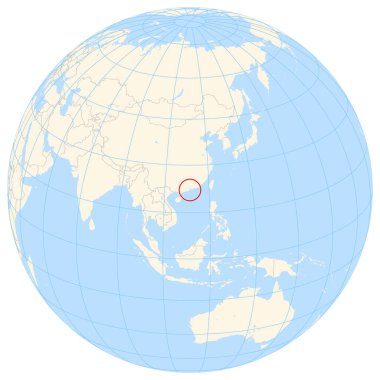 Yer bulucu harita, Macau 'nun Asya' daki yerini gösteriyor. Ülke kırmızı bir çokgenle vurgulanıyor. Küçük ülkeler de kırmızı daire ile işaretlenmiştir. Harita sarı kara bölgelerini, mavi denizi, eyalet sınırlarını ve mavi çizgileri gösteriyor. Etiket yok