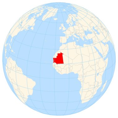Yer bulucu harita Moritanya 'nın Afrika' daki yerini gösteriyor. Ülke kırmızı bir çokgenle vurgulanıyor. Küçük ülkeler de kırmızı daire ile işaretlenmiştir. Harita sarı kara bölgelerini, mavi denizi, eyalet sınırlarını ve mavi çizgileri gösteriyor. Hayır!