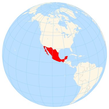 Yer bulucu harita Kuzey Amerika 'daki Meksika' nın yerini gösteriyor. Ülke kırmızı bir çokgenle vurgulanıyor. Küçük ülkeler de kırmızı daire ile işaretlenmiştir. Harita sarı alanları, mavi denizi, eyalet sınırlarını ve mavi ızgara çizgilerini gösteriyor..