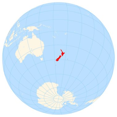 Yer bulucu harita Avustralya 'daki Yeni Zelanda' nın yerini gösteriyor. Ülke kırmızı bir çokgenle vurgulanıyor. Küçük ülkeler de kırmızı daire ile işaretlenmiştir. Harita sarı alanları, mavi denizi, eyalet sınırlarını ve mavi ızgara çizgilerini gösteriyor.