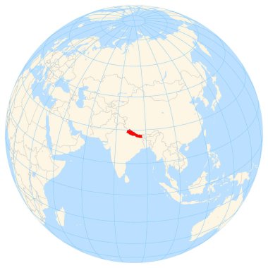 Yer bulucu harita Nepal 'in Asya' daki konumunu gösteriyor. Ülke kırmızı bir çokgenle vurgulanıyor. Küçük ülkeler de kırmızı daire ile işaretlenmiştir. Harita sarı kara bölgelerini, mavi denizi, eyalet sınırlarını ve mavi çizgileri gösteriyor. Etiket yok
