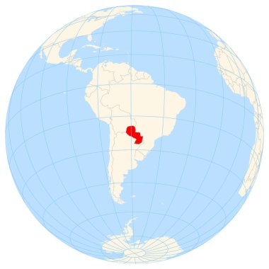 Yer bulucu harita, Paraguay 'ın Güney Amerika' daki yerini gösteriyor. Ülke kırmızı bir çokgenle vurgulanıyor. Küçük ülkeler de kırmızı daire ile işaretlenmiştir. Harita sarı alanları, mavi denizi, eyalet sınırlarını ve mavi ızgara hattını gösteriyor.
