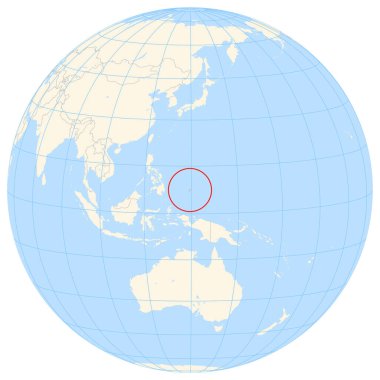 Yer bulucu harita, Palau 'nun Okyanusya' daki yerini gösteriyor. Ülke kırmızı bir çokgenle vurgulanıyor. Küçük ülkeler de kırmızı daire ile işaretlenmiştir. Harita sarı kara bölgelerini, mavi denizi, eyalet sınırlarını ve mavi çizgileri gösteriyor. Laboratuvar yok