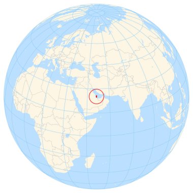 Locator map showing the location of the country Qatar in Asia. The country is highlighted with a red polygon. Small countries are also marked with a red circle. The map shows yellow land areas, blue sea, state borders and blue grid lines. No labels