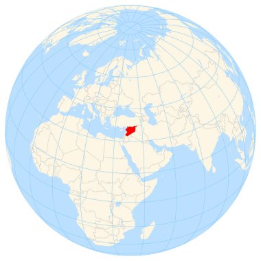 Yer bulucu harita Suriye 'nin Asya' daki konumunu gösteriyor. Ülke kırmızı bir çokgenle vurgulanıyor. Küçük ülkeler de kırmızı daire ile işaretlenmiştir. Harita sarı kara bölgelerini, mavi denizi, eyalet sınırlarını ve mavi çizgileri gösteriyor. Etiket yok