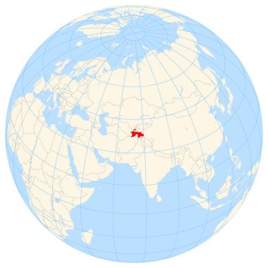 Yer bulucu harita, Tacikistan 'ın Asya' daki konumunu gösteriyor. Ülke kırmızı bir çokgenle vurgulanıyor. Küçük ülkeler de kırmızı daire ile işaretlenmiştir. Harita sarı kara bölgelerini, mavi denizi, eyalet sınırlarını ve mavi çizgileri gösteriyor. Hayır!