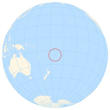 Locator map showing the location of the country Tonga in Oceania. The country is highlighted with a red polygon. Small countries are also marked with a red circle. The map shows yellow land areas, blue sea, state borders and blue grid lines.