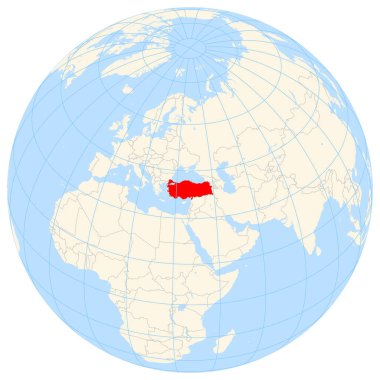 Yer bulucu harita Türkiye 'nin Asya' daki konumunu gösteriyor. Ülke kırmızı bir çokgenle vurgulanıyor. Küçük ülkeler de kırmızı daire ile işaretlenmiştir. Harita sarı kara bölgelerini, mavi denizi, eyalet sınırlarını ve mavi çizgileri gösteriyor. Etiket yok