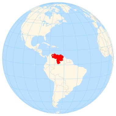 Locator map showing the location of the country Venezuela in South America. The country is highlighted with a red polygon. Small countries are also marked with a red circle. The map shows yellow land areas, blue sea, state borders and blue grid lines