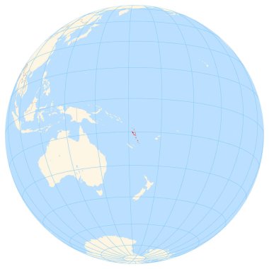 Yer bulucu harita, Vanuatu 'nun Avustralya' daki yerini gösteriyor. Ülke kırmızı bir çokgenle vurgulanıyor. Küçük ülkeler de kırmızı daire ile işaretlenmiştir. Harita sarı kara bölgelerini, mavi denizi, eyalet sınırlarını ve mavi çizgileri gösteriyor. Hayır!