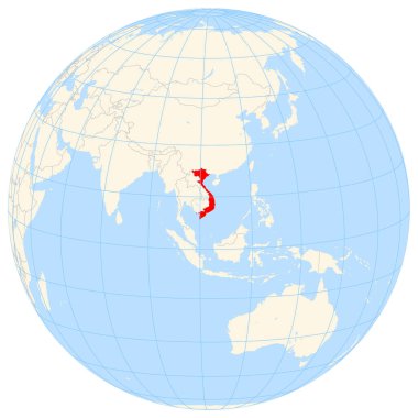 Yer bulucu harita, Vietnam 'ın Asya' daki yerini gösteriyor. Ülke kırmızı bir çokgenle vurgulanıyor. Küçük ülkeler de kırmızı daire ile işaretlenmiştir. Harita sarı kara bölgelerini, mavi denizi, eyalet sınırlarını ve mavi çizgileri gösteriyor. Lab yok.