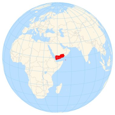Locator map showing the location of the country Yemen in Africa. The country is highlighted with a red polygon. Small countries are also marked with a red circle. The map shows yellow land areas, blue sea, state borders and a blue grid lines. No labe clipart