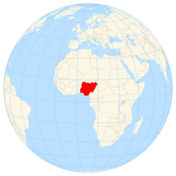 stock vector Locator map showing the location of the country Nigeria in Africa. The country is highlighted with a red polygon. Small countries are also marked with a red circle. The map shows yellow land areas, blue sea, state borders and blue grid lines.