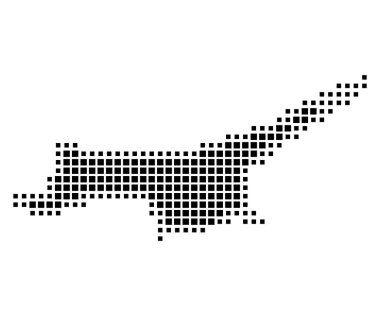 Kuzey Kıbrıs Türk Cumhuriyeti 'nin soyut haritası, ülkeyi siyah beyaz karelerden oluşan bir şablonla gösteriyor