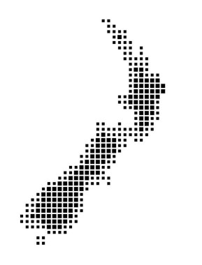 Yeni Zelanda 'nın soyut haritası ülkeyi siyah ve beyaz karelerden oluşan bir şablonla gösteriyor