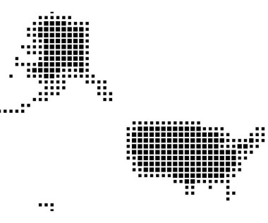 Amerika Birleşik Devletleri ve Alaska 'nın soyut haritası ülkeyi siyah beyaz kareler şeklinde gösteriyor.