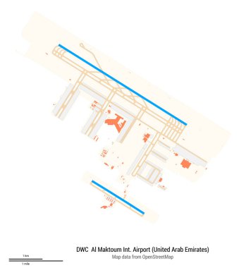 Al Maktoum Uluslararası Havalimanı (Birleşik Arap Emirlikleri) haritası. DWC 'nin IATA kodu. Havaalanı diyagramı, pistler, taksiler, önlükler, park alanları ve binalar. OpenStreetMap 'ten harita verileri.