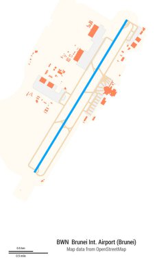 Brunei Uluslararası Havaalanı Haritası (Brunei). IATA-kodu: BWN. Havaalanı diyagramı, pistler, taksiler, önlükler, park alanları ve binalar. OpenStreetMap 'ten harita verileri.