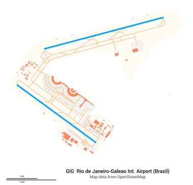 Rio de Janeiro-Galeao Uluslararası Havalimanı (Brezilya) haritası. IATA kodu: giG. Havaalanı diyagramı, pistler, taksiler, önlükler, park alanları ve binalar. OpenStreetMap 'ten harita verileri.