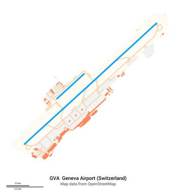 Cenevre Havaalanı (İsviçre) haritası. GVA 'nın IATA kodu. Havaalanı diyagramı, pistler, taksiler, önlükler, park alanları ve binalar. OpenStreetMap 'ten harita verileri.