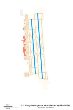 Changsha Huanghua Uluslararası Havaalanı Haritası (Çin Halk Cumhuriyeti). CSX 'in IATA kodu. Havaalanı diyagramı, pistler, taksiler, önlükler, park alanları ve binalar. OpenStreetMap 'ten harita verileri.