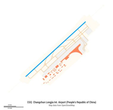 Changchun Uluslararası Havalimanı Haritası (Çin Halk Cumhuriyeti). IATA-kodu: CGQ. Havaalanı diyagramı, pistler, taksiler, önlükler, park alanları ve binalar. OpenStreetMap 'ten harita verileri.