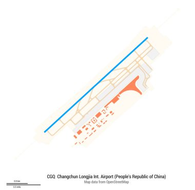 Map of Changchun Longjia International Airport (People's Republic of China). IATA-code: CGQ. Airport diagram with runways, taxiways, apron, parking areas and buildings. Map data from OpenStreetMap. clipart