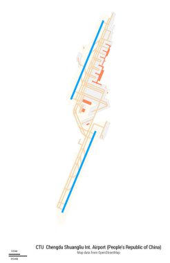 Chengdu Shuangliu Uluslararası Havaalanı Haritası (Çin Halk Cumhuriyeti). CTU 'nun IATA kodu. Havaalanı diyagramı, pistler, taksiler, önlükler, park alanları ve binalar. OpenStreetMap 'ten harita verileri.