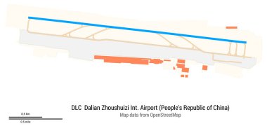 Dalian Zhoushuizi Uluslararası Havalimanı (Çin Halk Cumhuriyeti) haritası. DLC 'nin IATA kodu. Havaalanı diyagramı, pistler, taksiler, önlükler, park alanları ve binalar. OpenStreetMap 'ten harita verileri.