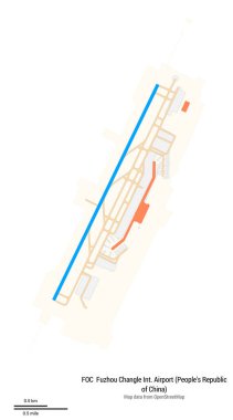 Fuzhou Changle Uluslararası Havaalanı Haritası (Çin Halk Cumhuriyeti). IATA kodu: FOC. Havaalanı diyagramı, pistler, taksiler, önlükler, park alanları ve binalar. OpenStreetMap 'ten harita verileri.