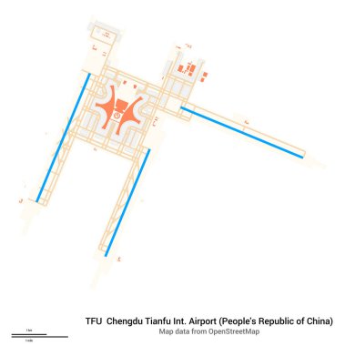 Chengdu Tianfu Uluslararası Havalimanı haritası (Çin Halk Cumhuriyeti). TFU 'nun IATA kodu. Havaalanı diyagramı, pistler, taksiler, önlükler, park alanları ve binalar. OpenStreetMap 'ten harita verileri.
