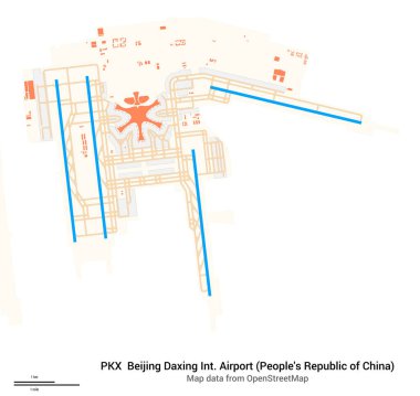 Pekin Daxing Uluslararası Havaalanı Haritası (Çin Halk Cumhuriyeti). PKX 'in IATA kodu. Havaalanı diyagramı, pistler, taksiler, önlükler, park alanları ve binalar. OpenStreetMap 'ten harita verileri.