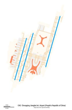 Chongqing Jiangbei Uluslararası Havalimanı haritası (Çin Halk Cumhuriyeti). IATA-kodu: CKG. Havaalanı diyagramı, pistler, taksiler, önlükler, park alanları ve binalar. OpenStreetMap 'ten harita verileri.