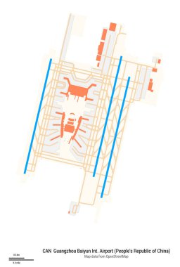 Guangzhou Uluslararası Havalimanı Haritası (Çin Halk Cumhuriyeti). IATA-kodu: olabilir. Havaalanı diyagramı, pistler, taksiler, önlükler, park alanları ve binalar. OpenStreetMap 'ten harita verileri.
