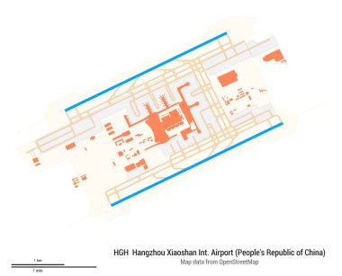 Hangzhou Xiaoshan Uluslararası Havaalanı Haritası (Çin Halk Cumhuriyeti). IATA-kodu: HGH. Havaalanı diyagramı, pistler, taksiler, önlükler, park alanları ve binalar. OpenStreetMap 'ten harita verileri.