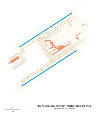 Nanjing Lukou Uluslararası Havaalanı Haritası (Çin Halk Cumhuriyeti). IATA-kodu: NKG. Havaalanı diyagramı, pistler, taksiler, önlükler, park alanları ve binalar. OpenStreetMap 'ten harita verileri.