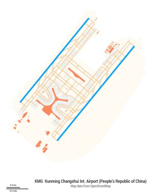 Kunming Changshui Uluslararası Havaalanı Haritası (Çin Halk Cumhuriyeti). KMG 'nin IATA kodu. Havaalanı diyagramı, pistler, taksiler, önlükler, park alanları ve binalar. OpenStreetMap 'ten harita verileri.