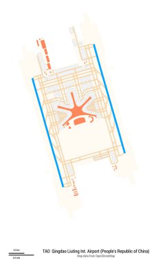 Qingdao Liuting Uluslararası Havaalanı Haritası (Çin Halk Cumhuriyeti). TAO 'nun IATA kodu. Havaalanı diyagramı, pistler, taksiler, önlükler, park alanları ve binalar. OpenStreetMap 'ten harita verileri.