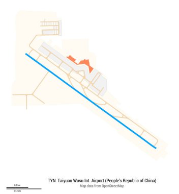 Taiyuan Wusu Uluslararası Havaalanı Haritası (Çin Halk Cumhuriyeti). TYN 'in IATA kodu. Havaalanı diyagramı, pistler, taksiler, önlükler, park alanları ve binalar. OpenStreetMap 'ten harita verileri.