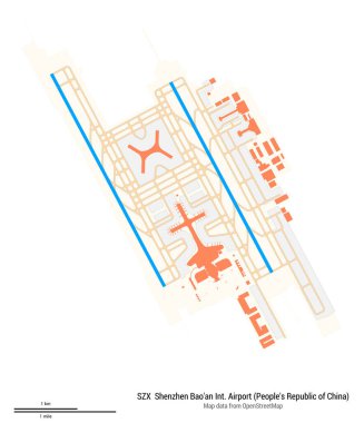 Shenzhen Bao 'an Uluslararası Havalimanı haritası. SZX 'in IATA kodu. Havaalanı diyagramı, pistler, taksiler, önlükler, park alanları ve binalar. OpenStreetMap 'ten harita verileri.