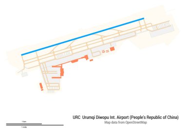 Urumqi Diwopu Uluslararası Havaalanı Haritası (Çin Halk Cumhuriyeti). IATA-kodu: URC. Havaalanı diyagramı, pistler, taksiler, önlükler, park alanları ve binalar. OpenStreetMap 'ten harita verileri.