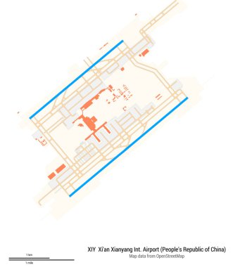 Xi 'an Xianyang Uluslararası Havaalanı Haritası (Çin Halk Cumhuriyeti). IATA-kodu XIY. Havaalanı diyagramı, pistler, taksiler, önlükler, park alanları ve binalar. OpenStreetMap 'ten harita verileri.