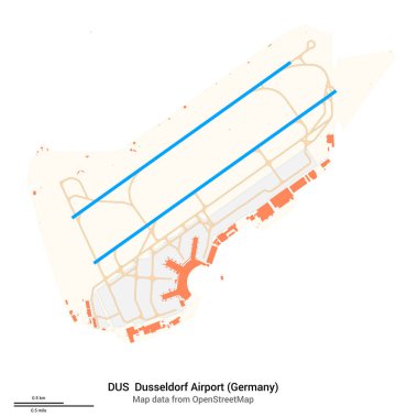 Düsseldorf Havaalanı (Almanya) haritası. DUS 'un IATA kodu. Havaalanı diyagramı, pistler, taksiler, önlükler, park alanları ve binalar. OpenStreetMap 'ten harita verileri.