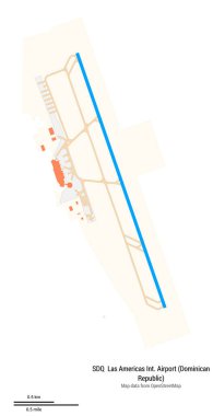 Map of Las Americas International Airport (Dominican Republic). IATA-code: SDQ. Airport diagram with runways, taxiways, apron, parking areas and buildings. Map data from OpenStreetMap. clipart
