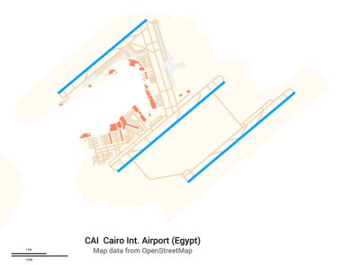 Kahire Uluslararası Havalimanı (Mısır) haritası. - CAI 'da. Havaalanı diyagramı, pistler, taksiler, önlükler, park alanları ve binalar. OpenStreetMap 'ten harita verileri.