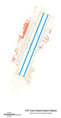 Gran Canaria Havaalanı (İspanya) haritası. - LPA kodlu. Havaalanı diyagramı, pistler, taksiler, önlükler, park alanları ve binalar. OpenStreetMap 'ten harita verileri.