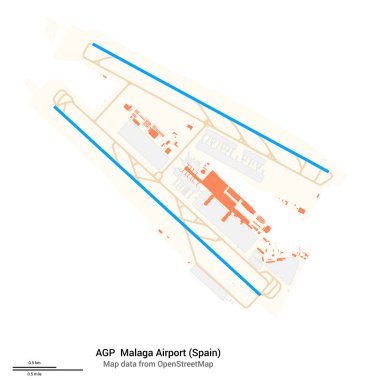 Malaga Havaalanı (İspanya) haritası. IATA kodu: AGP. Havaalanı diyagramı, pistler, taksiler, önlükler, park alanları ve binalar. OpenStreetMap 'ten harita verileri.