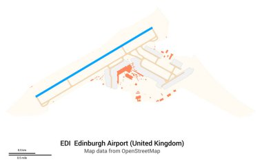 Edinburgh Havaalanı Haritası (Birleşik Krallık). IATA kodu: EDI. Havaalanı diyagramı, pistler, taksiler, önlükler, park alanları ve binalar. OpenStreetMap 'ten harita verileri.